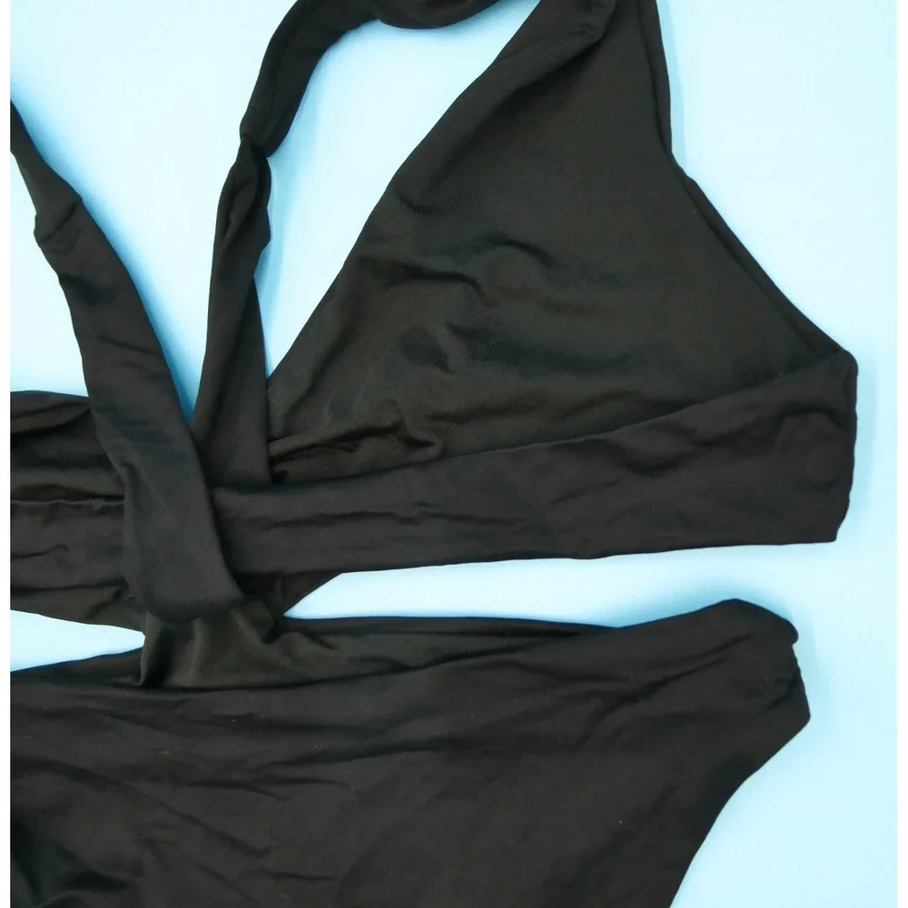 Agua Bendita Medium Black Smooth‎ One Piece Ruffle Swimsuit Cutout Strappy Beach